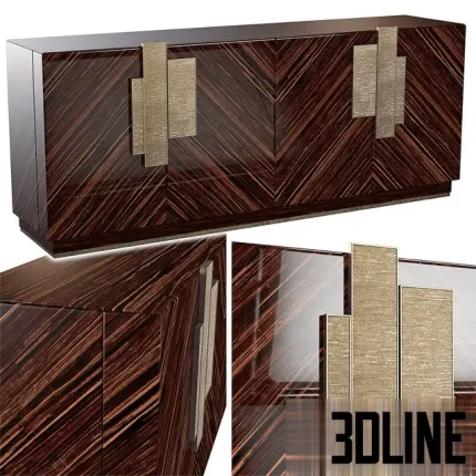Detailed 3D model of Sicis Dalton Buffet featuring dark glossy wood with diagonal grain patterns and large sculptural metallic handles.