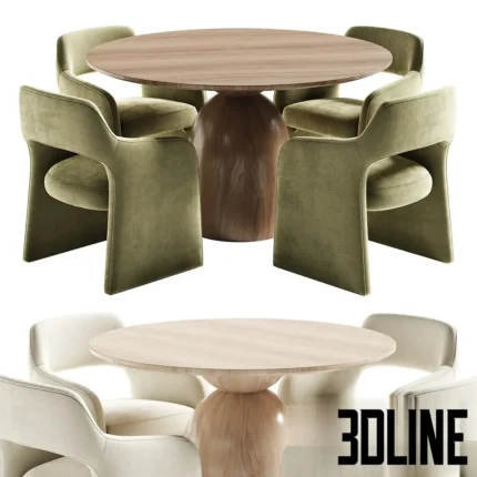 3D model set of the Sigrid round dining table with a bulbous wood base, surrounded by Fintan chairs upholstered in green velvet and white fabric with unique curved armrests.