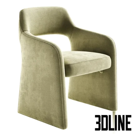 3D model set of the Sigrid round dining table with a bulbous wood base, surrounded by Fintan chairs upholstered in green velvet and white fabric with unique curved armrests.