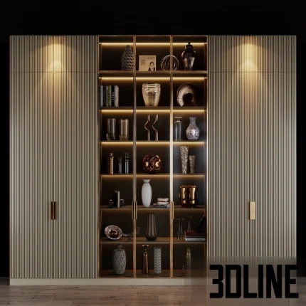 High-resolution 3D model of a large furniture composition featuring two slatted wood side wardrobes and a central open display cabinet with glass shelves and warm integrated lighting.
