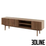 High-resolution 3D model of a dark wood TV stand featuring a horizontal slatted façade, open shelves, and tapered wooden legs.