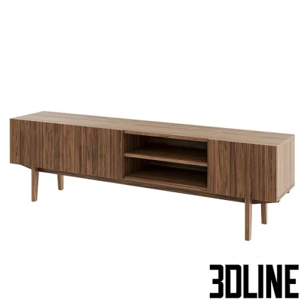 High-resolution 3D model of a dark wood TV stand featuring a horizontal slatted façade, open shelves, and tapered wooden legs.