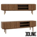 High-resolution 3D model of a dark wood TV stand featuring a horizontal slatted façade, open shelves, and tapered wooden legs.