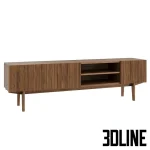 High-resolution 3D model of a dark wood TV stand featuring a horizontal slatted façade, open shelves, and tapered wooden legs.