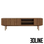 High-resolution 3D model of a dark wood TV stand featuring a horizontal slatted façade, open shelves, and tapered wooden legs.