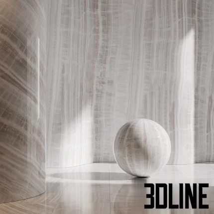 High-resolution 3D visualization of Slotex Tarsus Onyx 8607, showcasing a glossy, light grey and pinkish veined onyx stone texture applied to curved wall panels and a spherical test object.