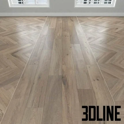 High-resolution 3D texture of smoked oak parquet flooring shown in three patterns: linear plank, chevron, and herringbone.