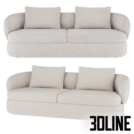 Detailed 3D model of the Sobi two-seater sofa, featuring a rounded, low-profile voluminous seat and a smoothly curved backrest, upholstered in a light beige linen-look fabric.