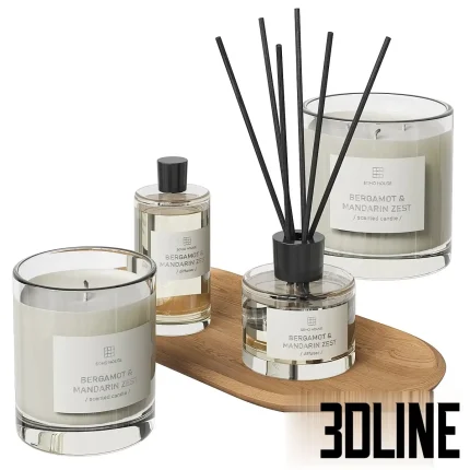 Detailed 3D model set of the Soho Home aroma collection, including two glass scented candles, a bergamot diffuser with sticks, and a small round wood tray base.