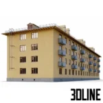 3D model of a Soviet-era 5-story brick apartment building (Khrushchevka Series 1-443), featuring a yellow brick facade, multiple balconies, and a sloped grey roof.