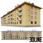 3D model of a Soviet-era 5-story brick apartment building (Khrushchevka Series 1-443), featuring a yellow brick facade, multiple balconies, and a sloped grey roof.