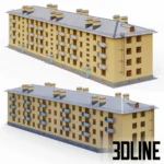 3D model of a Soviet-era 5-story brick apartment building (Khrushchevka Series 1-443), featuring a yellow brick facade, multiple balconies, and a sloped grey roof.