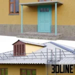 3D model of a Soviet-era 5-story brick apartment building (Khrushchevka Series 1-443), featuring a yellow brick facade, multiple balconies, and a sloped grey roof.