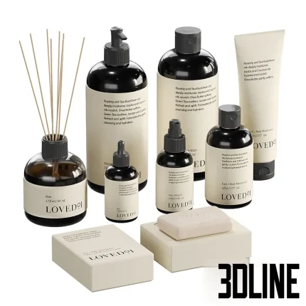 3D model of a decorative spa set featuring a large brown spherical vase with a dry branch, stacked beige towels, wooden brushes, and branded "LOVED" cosmetic pump bottles.