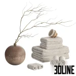 3D model of a decorative spa set featuring a large brown spherical vase with a dry branch, stacked beige towels, wooden brushes, and branded "LOVED" cosmetic pump bottles.
