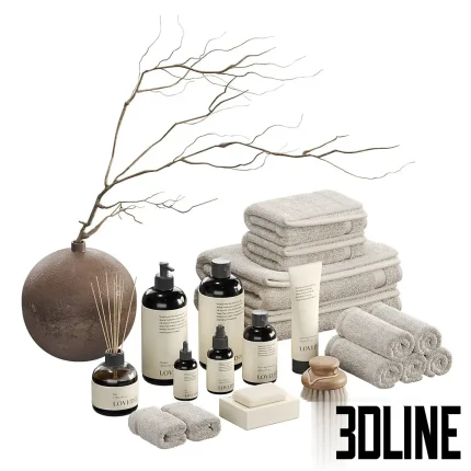 3D model of a decorative spa set featuring a large brown spherical vase with a dry branch, stacked beige towels, wooden brushes, and branded "LOVED" cosmetic pump bottles.