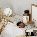 3D model of a spa-themed bathroom accessory set including a long wooden tray, a vase with dried eucalyptus, white ceramic dispensers, candles, and rolled towels.