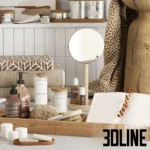 3D model of a spa-themed bathroom accessory set including a long wooden tray, a vase with dried eucalyptus, white ceramic dispensers, candles, and rolled towels.
