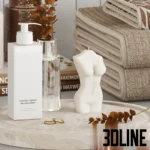 3D model of a spa-themed bathroom accessory set including a long wooden tray, a vase with dried eucalyptus, white ceramic dispensers, candles, and rolled towels.