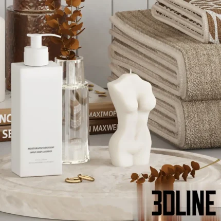 3D model of a spa-themed bathroom accessory set including a long wooden tray, a vase with dried eucalyptus, white ceramic dispensers, candles, and rolled towels.