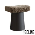 3D model of the Spule Stool, featuring a dark grey conical base topped with a thick, rectangular cushion upholstered in highly textured, shaggy beige fabric.