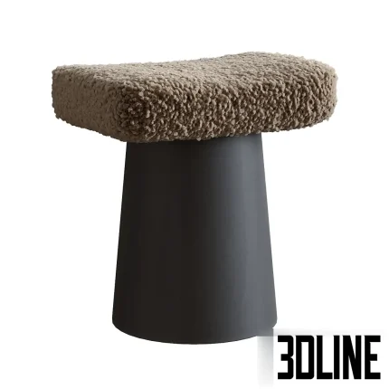 3D model of the Spule Stool, featuring a dark grey conical base topped with a thick, rectangular cushion upholstered in highly textured, shaggy beige fabric.