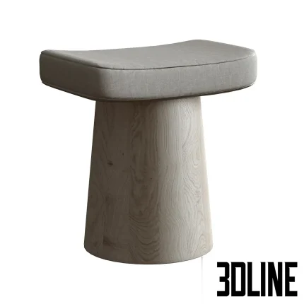 3D model of the Spule Stool, featuring a dark grey conical base topped with a thick, rectangular cushion upholstered in highly textured, shaggy beige fabric.