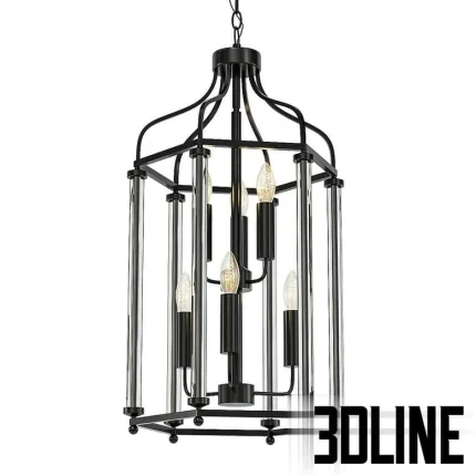 High-resolution 3D model of a black metal cage pendant lamp (Gothic ST LUCE) with six exposed candle bulbs and vertical clear glass rods.