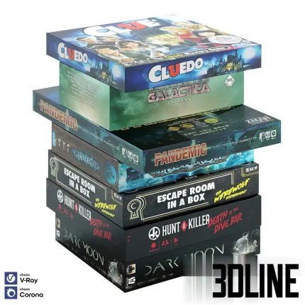 Detailed 3D model set of a stack of six popular modern board games (Clue, Pandemic, Dark Moon), featuring realistic cover art and detailed packaging boxes for tabletop decor.
