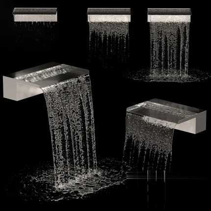 3D model set of modern stainless steel pool waterfalls featuring realistic water flow simulations, splashing effects, and wall-mounted blade designs in various sizes.