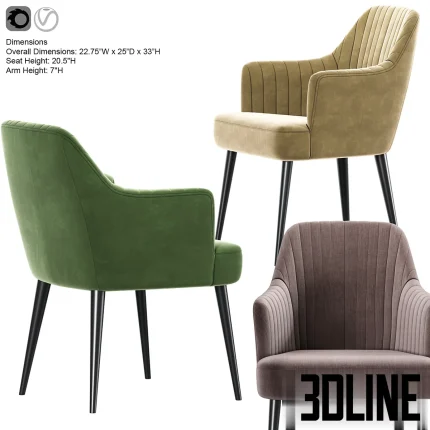 High-resolution 3D model of a modern dining chair with vertical ribbed fabric upholstery in three colors (green, mustard, brown) on slim black metal legs.