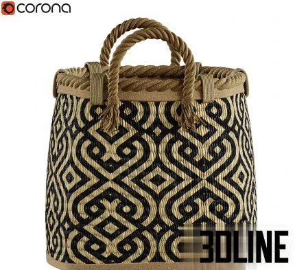 High-resolution 3D model of a woven decorative basket with black geometric stripes and thick rope handles for storage