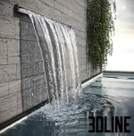 High-resolution 3D model of an outdoor scene featuring a small modern rectangular swimming pool with a stone waterfall, wooden deck, wooden lounge chairs, and dense tropical landscaping.