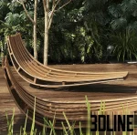 High-resolution 3D model of an outdoor scene featuring a small modern rectangular swimming pool with a stone waterfall, wooden deck, wooden lounge chairs, and dense tropical landscaping.