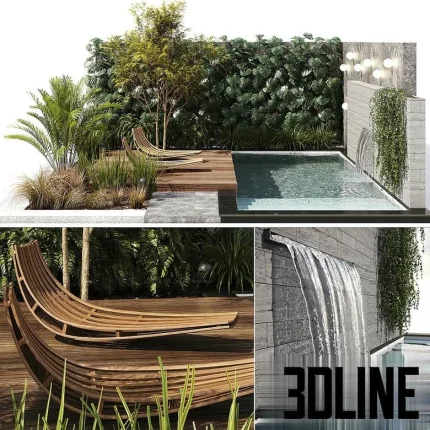 High-resolution 3D model of an outdoor scene featuring a small modern rectangular swimming pool with a stone waterfall, wooden deck, wooden lounge chairs, and dense tropical landscaping.