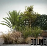 High-resolution 3D model of an outdoor scene featuring a small modern rectangular swimming pool with a stone waterfall, wooden deck, wooden lounge chairs, and dense tropical landscaping.