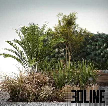 High-resolution 3D model of an outdoor scene featuring a small modern rectangular swimming pool with a stone waterfall, wooden deck, wooden lounge chairs, and dense tropical landscaping.
