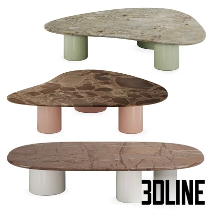 Set of three 3D models of Tacchini Gian Pan coffee tables, featuring irregular organic "pebble" shaped stone tops in grey, brown, and reddish marble, supported by thick cylindrical legs in pastel green, pink, and white.