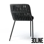 3D model of the Talenti Cliff Dining Armchair, featuring a sleek black metal frame with a distinctive vertical woven rope backrest and a dark grey upholstered seat cushion.