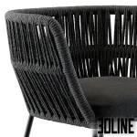 3D model of the Talenti Cliff Dining Armchair, featuring a sleek black metal frame with a distinctive vertical woven rope backrest and a dark grey upholstered seat cushion.