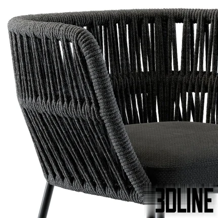 3D model of the Talenti Cliff Dining Armchair, featuring a sleek black metal frame with a distinctive vertical woven rope backrest and a dark grey upholstered seat cushion.