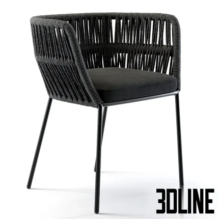 3D model of the Talenti Cliff Dining Armchair, featuring a sleek black metal frame with a distinctive vertical woven rope backrest and a dark grey upholstered seat cushion.