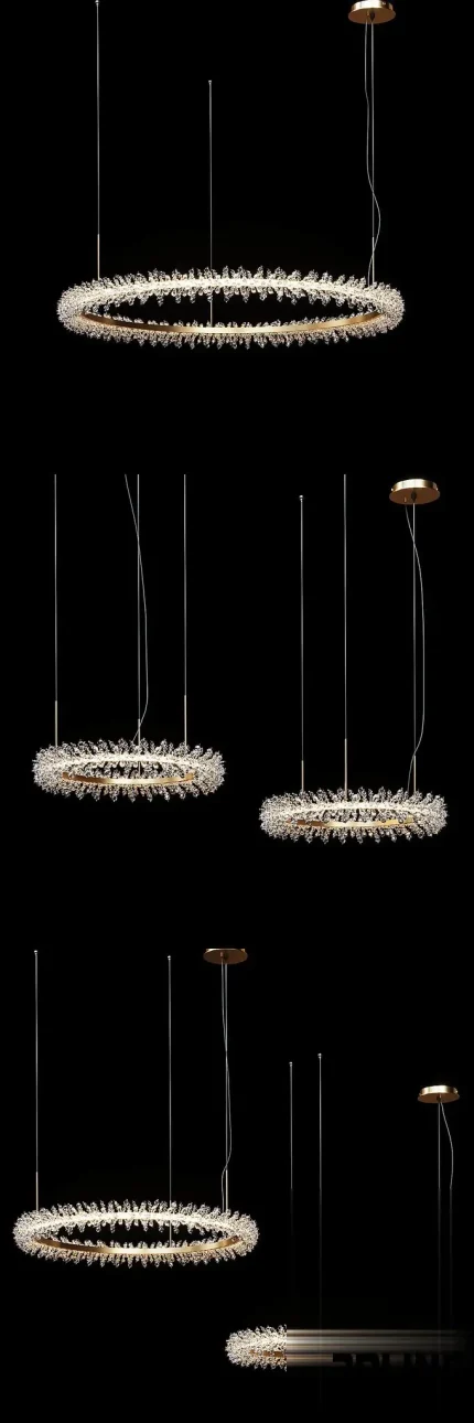 Detailed 3D model set of four THERA crystal ring chandeliers, featuring multiple gold circular frames densely covered in reflective crystal shards and integrated LED lighting.