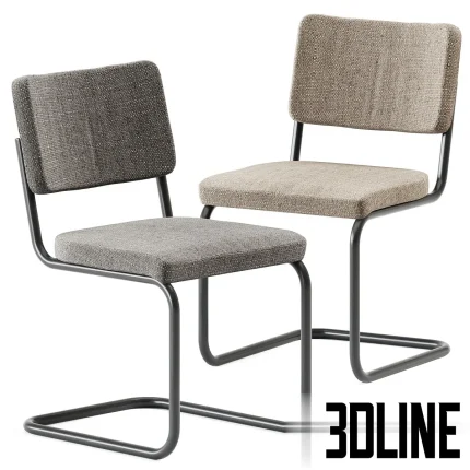 Detailed 3D model of the Thonet S 32 PV cantilever chair set, featuring a matte black metal tube frame and textured fabric upholstery in light grey and beige tones.