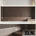 3D model of the Tokipan headboard design, featuring a wall-width panel with dark vertical wood slats on the bottom and a curved plaster finish on top, separated by LED lighting and including integrated floating drawers.