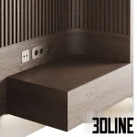 3D model of the Tokipan headboard design, featuring a wall-width panel with dark vertical wood slats on the bottom and a curved plaster finish on top, separated by LED lighting and including integrated floating drawers.