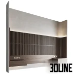 3D model of the Tokipan headboard design, featuring a wall-width panel with dark vertical wood slats on the bottom and a curved plaster finish on top, separated by LED lighting and including integrated floating drawers.