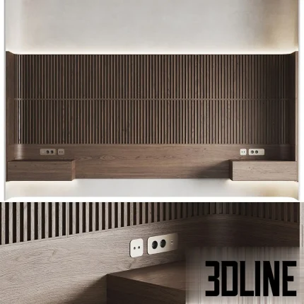3D model of the Tokipan headboard design, featuring a wall-width panel with dark vertical wood slats on the bottom and a curved plaster finish on top, separated by LED lighting and including integrated floating drawers.
