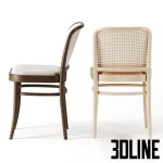 Detailed 3D model set of the Ton Chair 811, a bentwood dining chair with curved backrests, featuring one version with cane webbing and leather seat, and another fully upholstered in fabric.