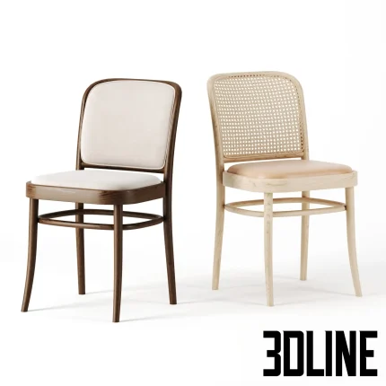 Detailed 3D model set of the Ton Chair 811, a bentwood dining chair with curved backrests, featuring one version with cane webbing and leather seat, and another fully upholstered in fabric.